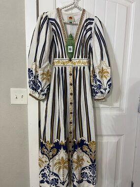 FARM Rio White Maxi Dress with Navy & Gold Stripes